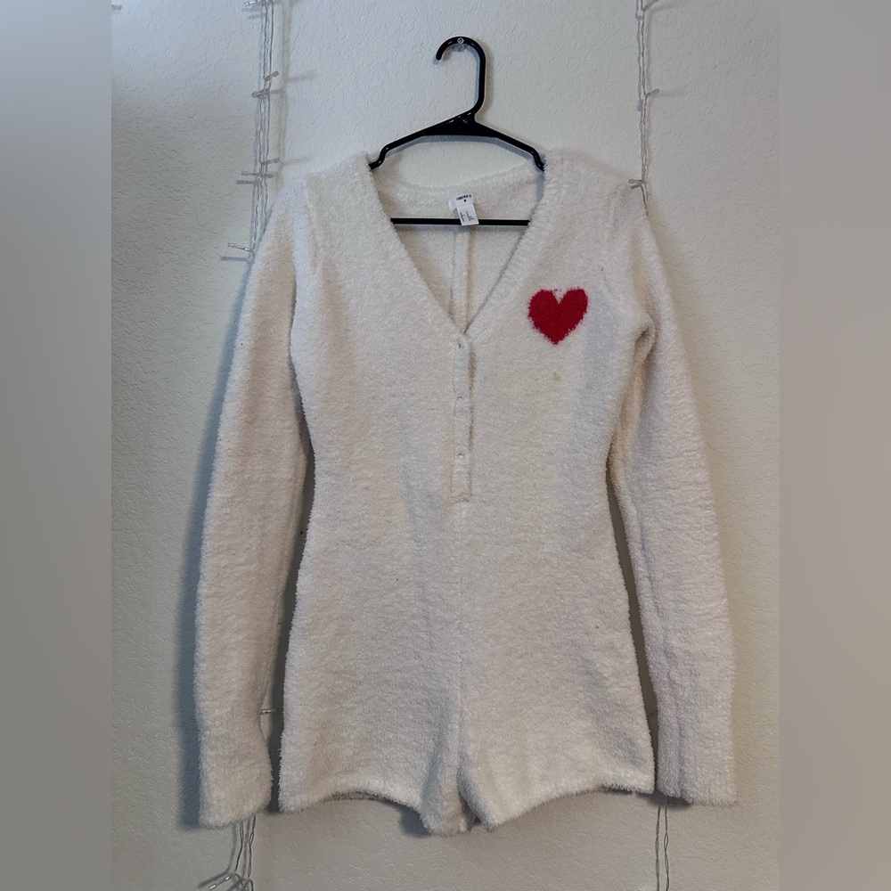 Forever 21 Cream V-Neck Pajama Romper with Red Heart